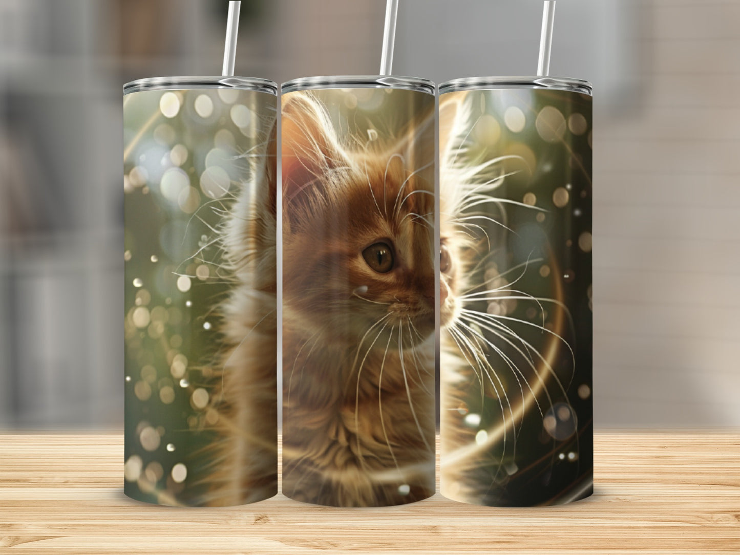 Three tumblers featuring a close-up of a fluffy orange kitten's face with bokeh lights.