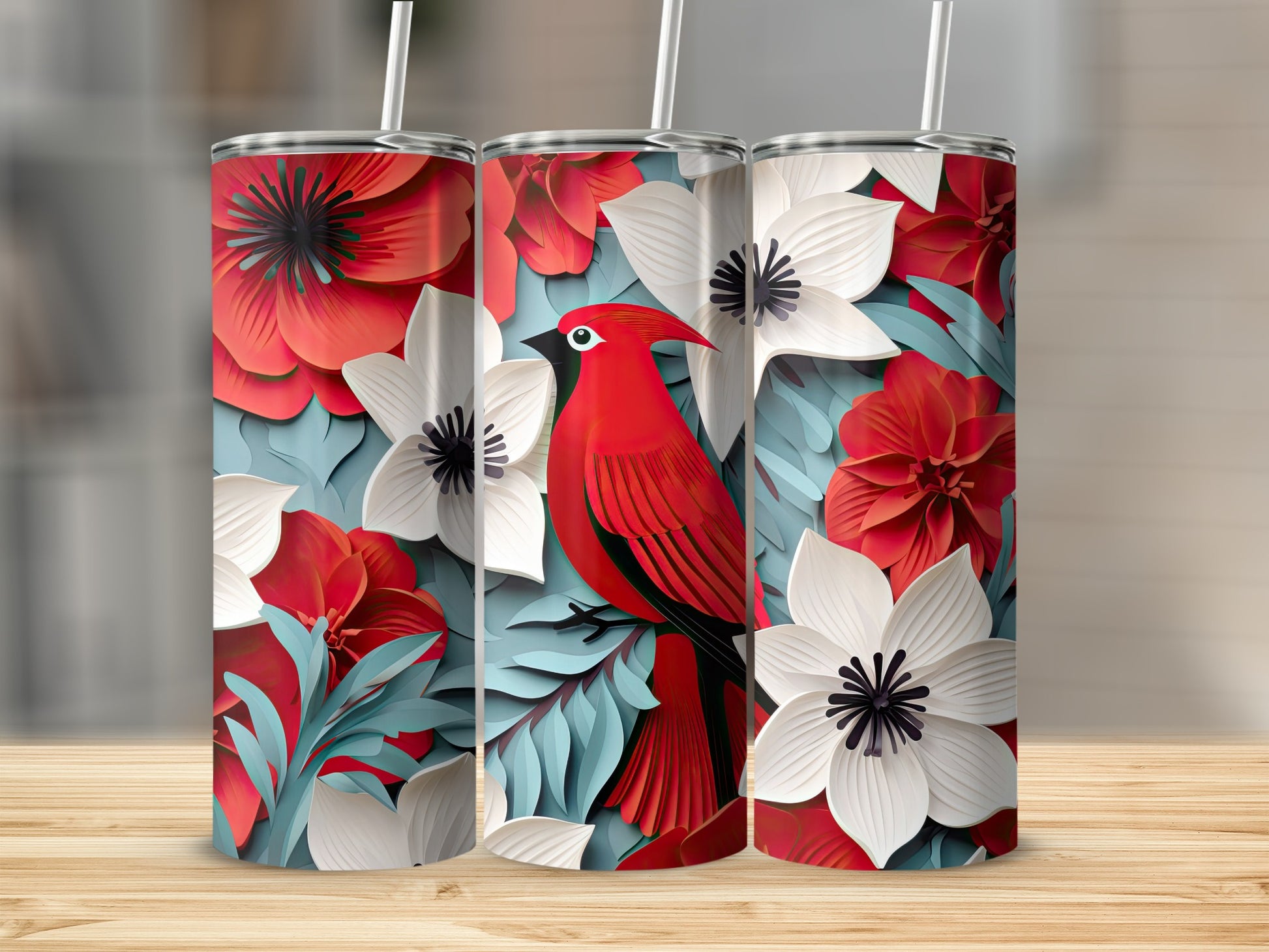 Vibrant Red Bird Floral Design Insulated Tumbler