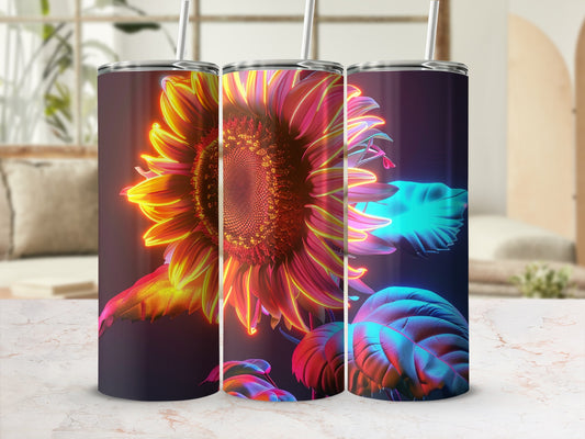 Three tumblers with vibrant neon sunflower designs displayed on a marble surface.