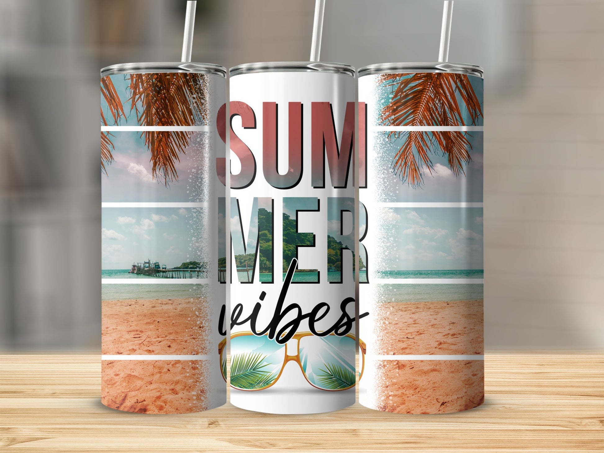Tumbler with "SUMMER vibes" text and beach scene graphics.