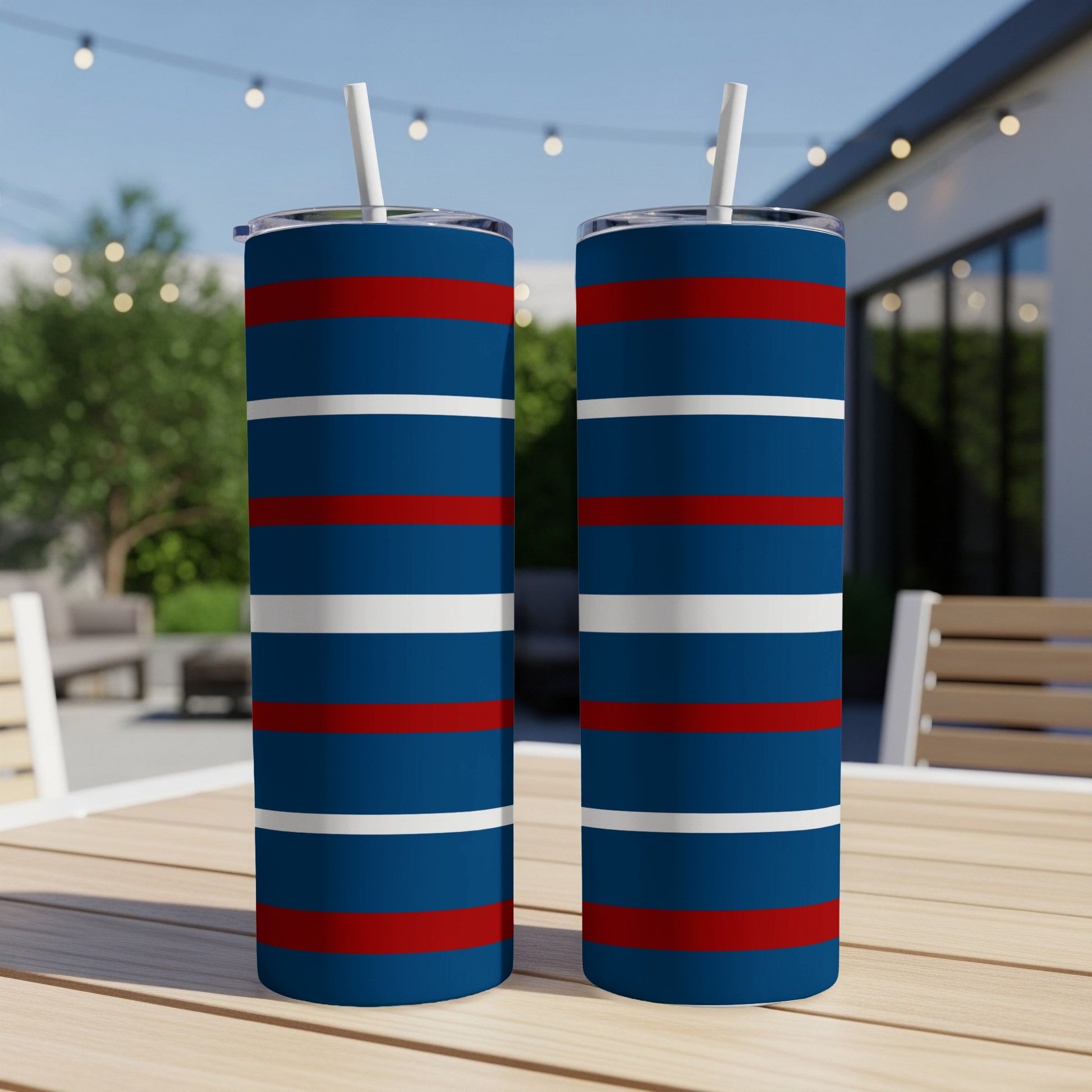 Two striped tumblers with red, white, and blue horizontal stripes.