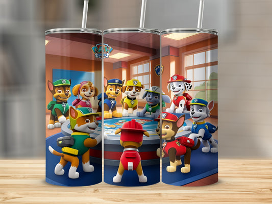 Paw Patrol characters gathered around a table in a room.