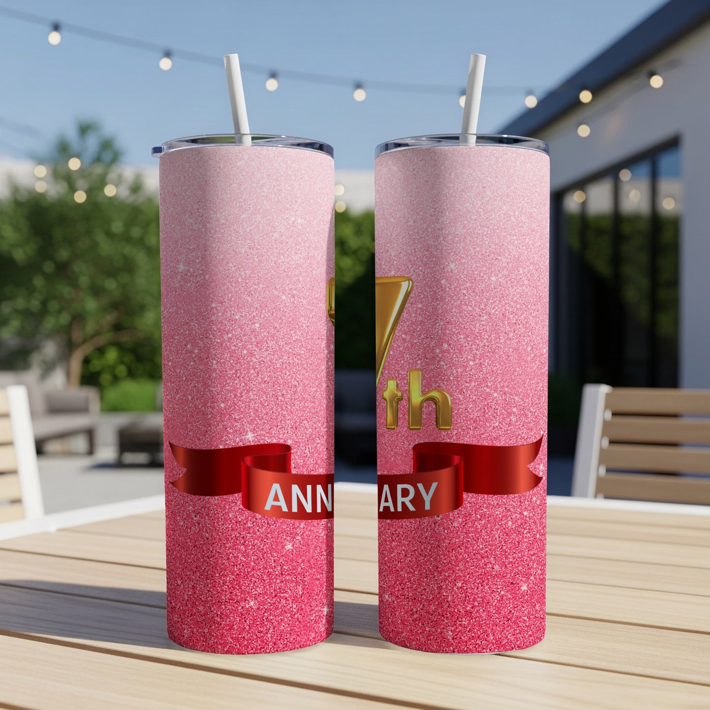 Pink glitter tumbler with "ANNIVERSARY" text and golden "47" numerals.