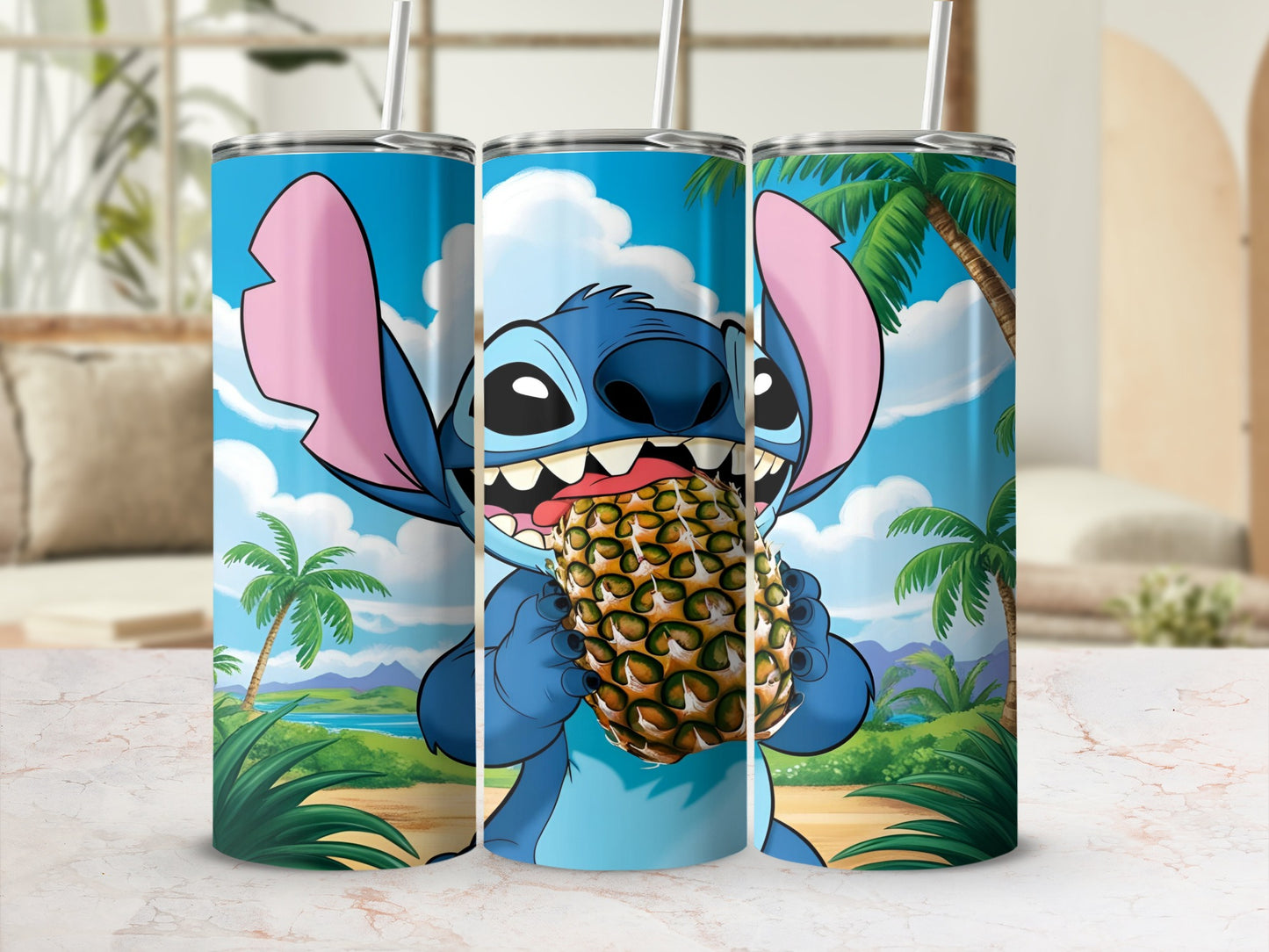 Stitch eating a pineapple with palm trees and a beach in the background.