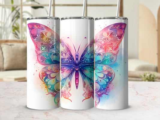 Three tumblers featuring a colorful, watercolor butterfly design.