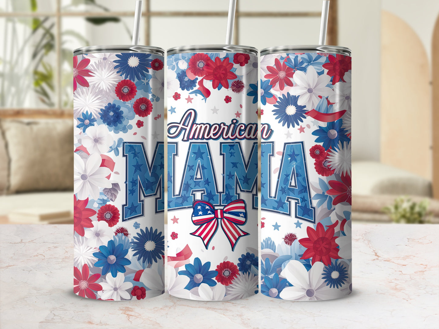 Tumbler with "American Mama" text, red, white, and blue floral design.
