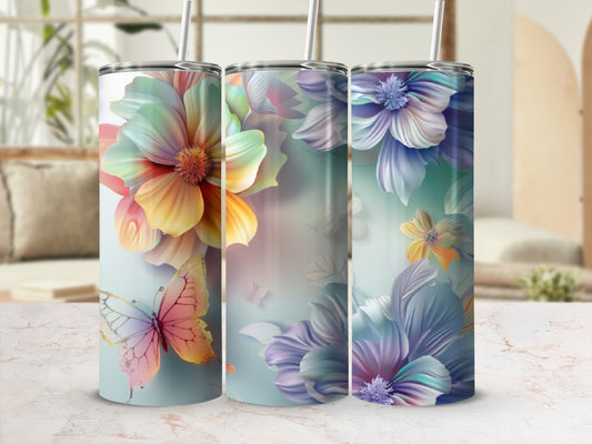 Floral and butterfly tumbler designs with pastel watercolor gradients.