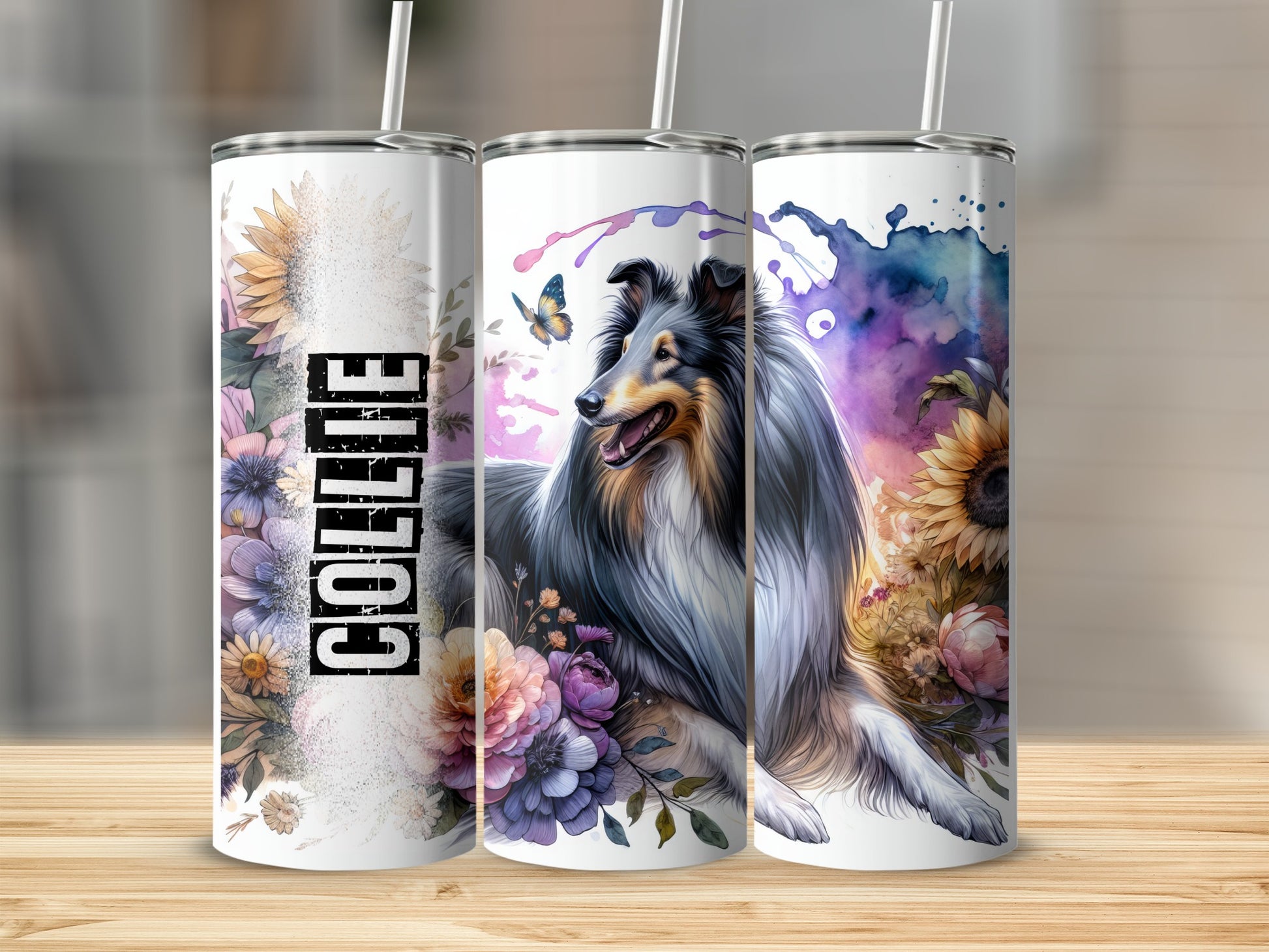 Collie dog with sunflowers and purple watercolor background on three tumblers.