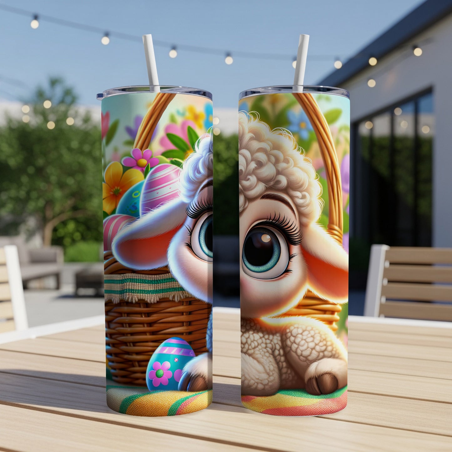 Easter bunny and sheep with colorful eggs in a basket on a tumbler.