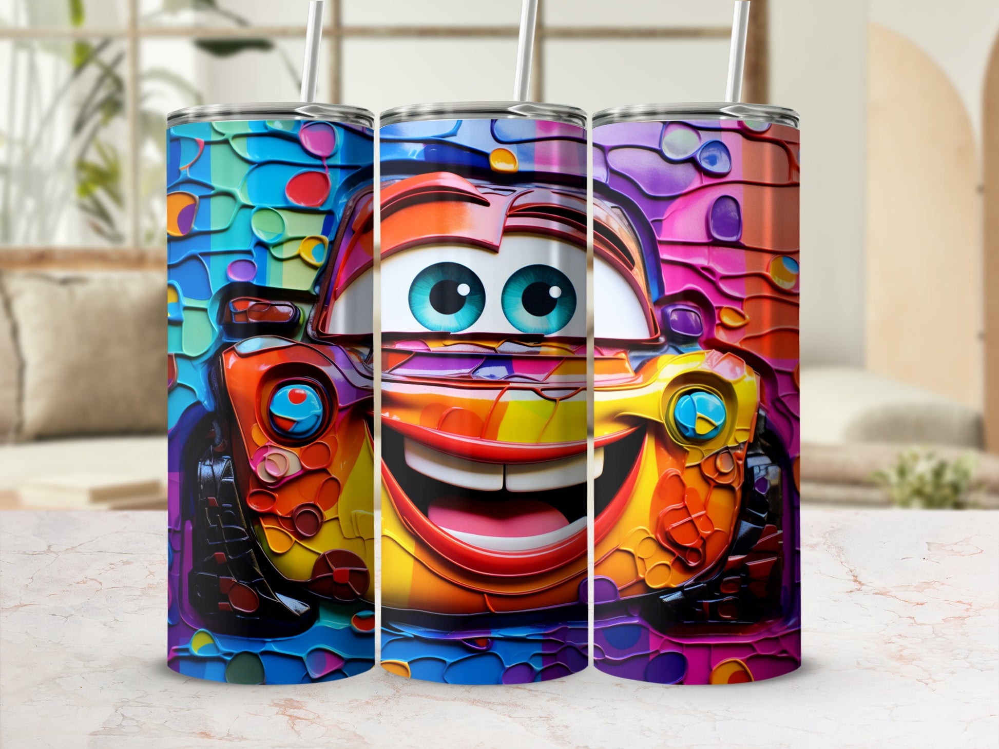 Colorful Cartoon Car Design Tumbler with Straw