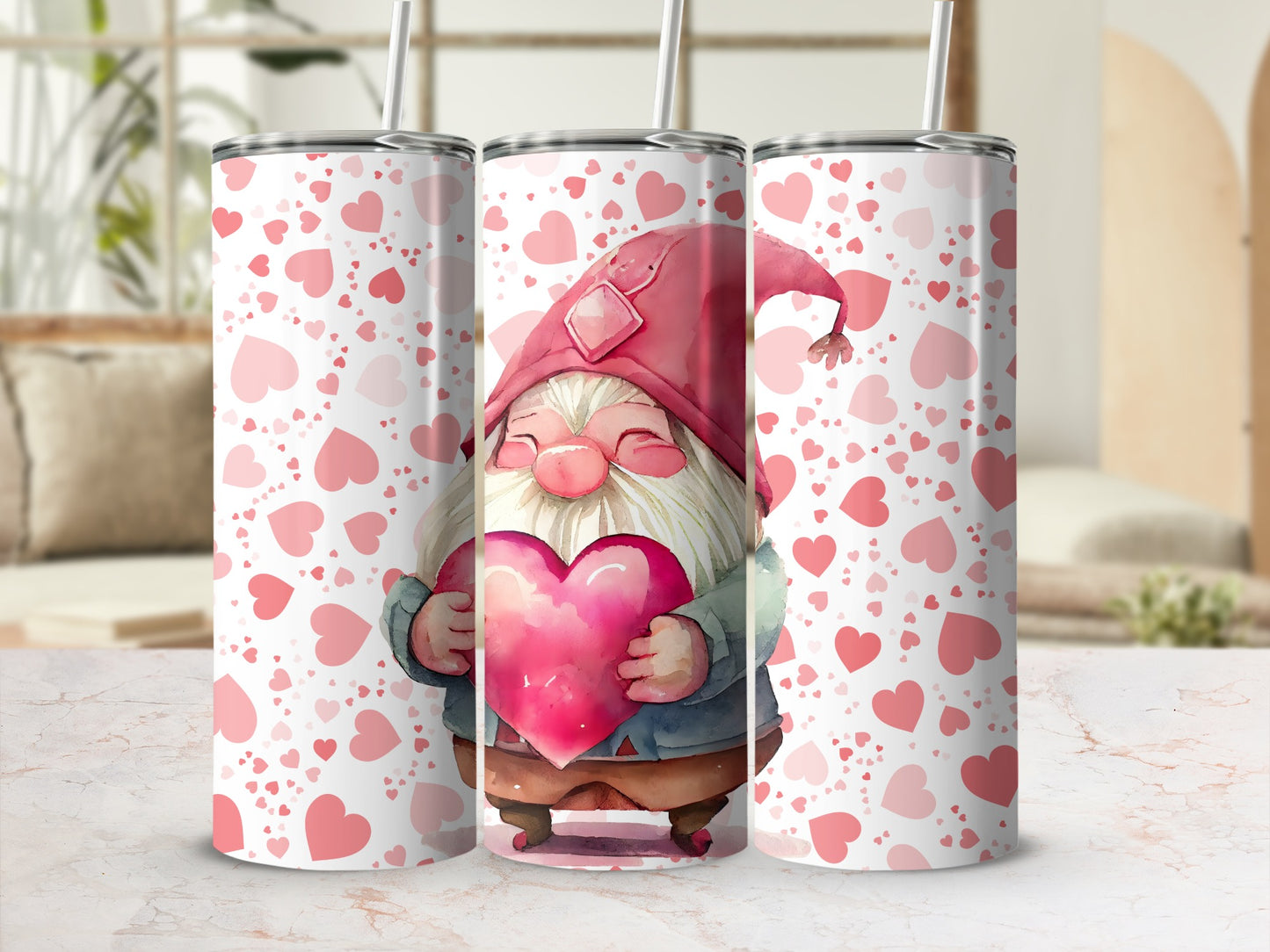 Gnome Holding Heart with Pink Hearts Background Tumbler