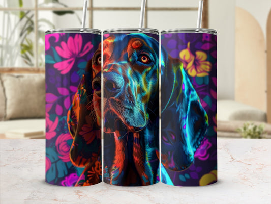 Colorful dog portrait on a floral patterned tumbler cup.