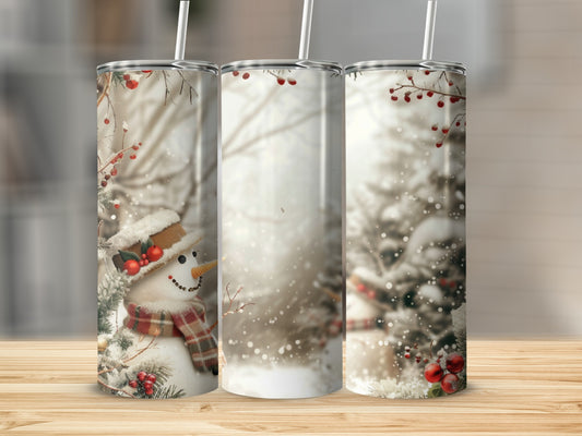 Three tumblers featuring a snowman and snowy forest scene.