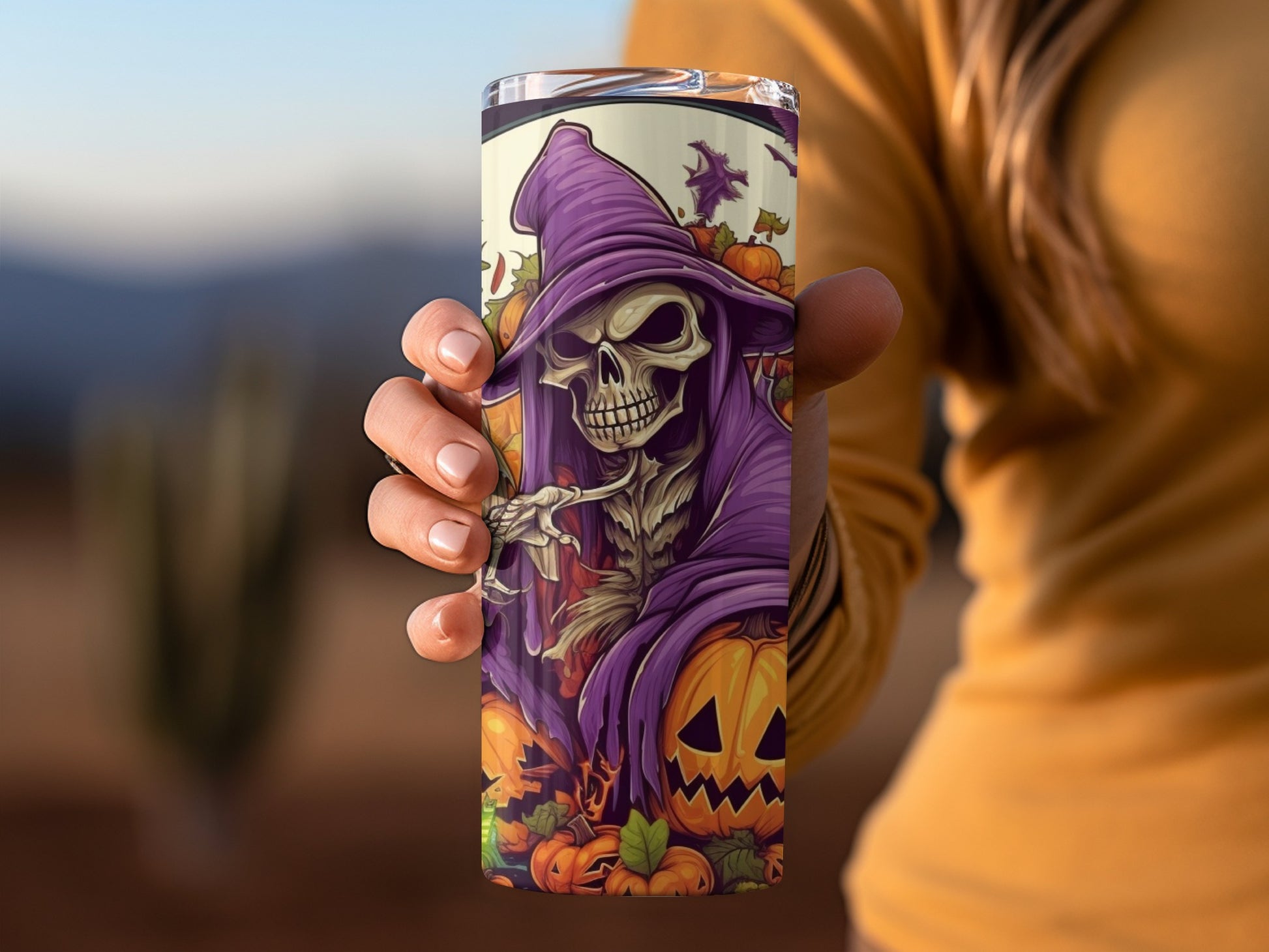 Halloween Witch Skeleton with Pumpkins Tumbler