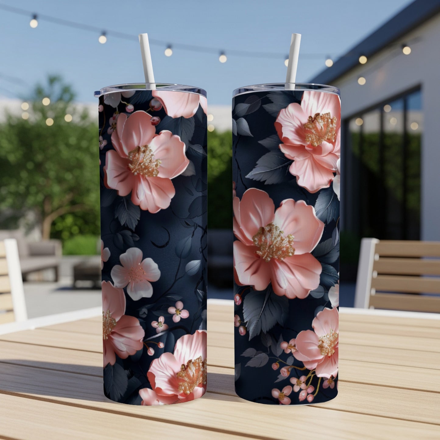 Two dark blue tumblers with pink floral designs on a wooden table.