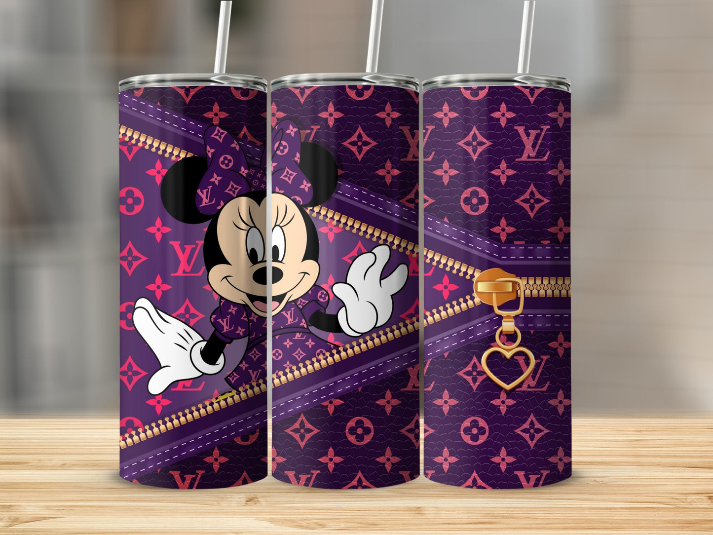 Minnie Mouse and LV pattern on a purple tumbler with a gold zipper design.