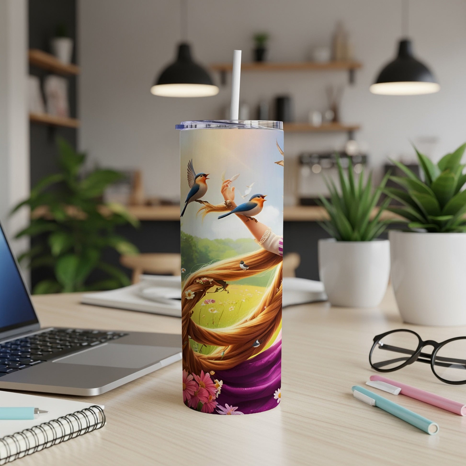 Tangled-inspired tumbler with Rapunzel's braid and birds in a field of flowers.