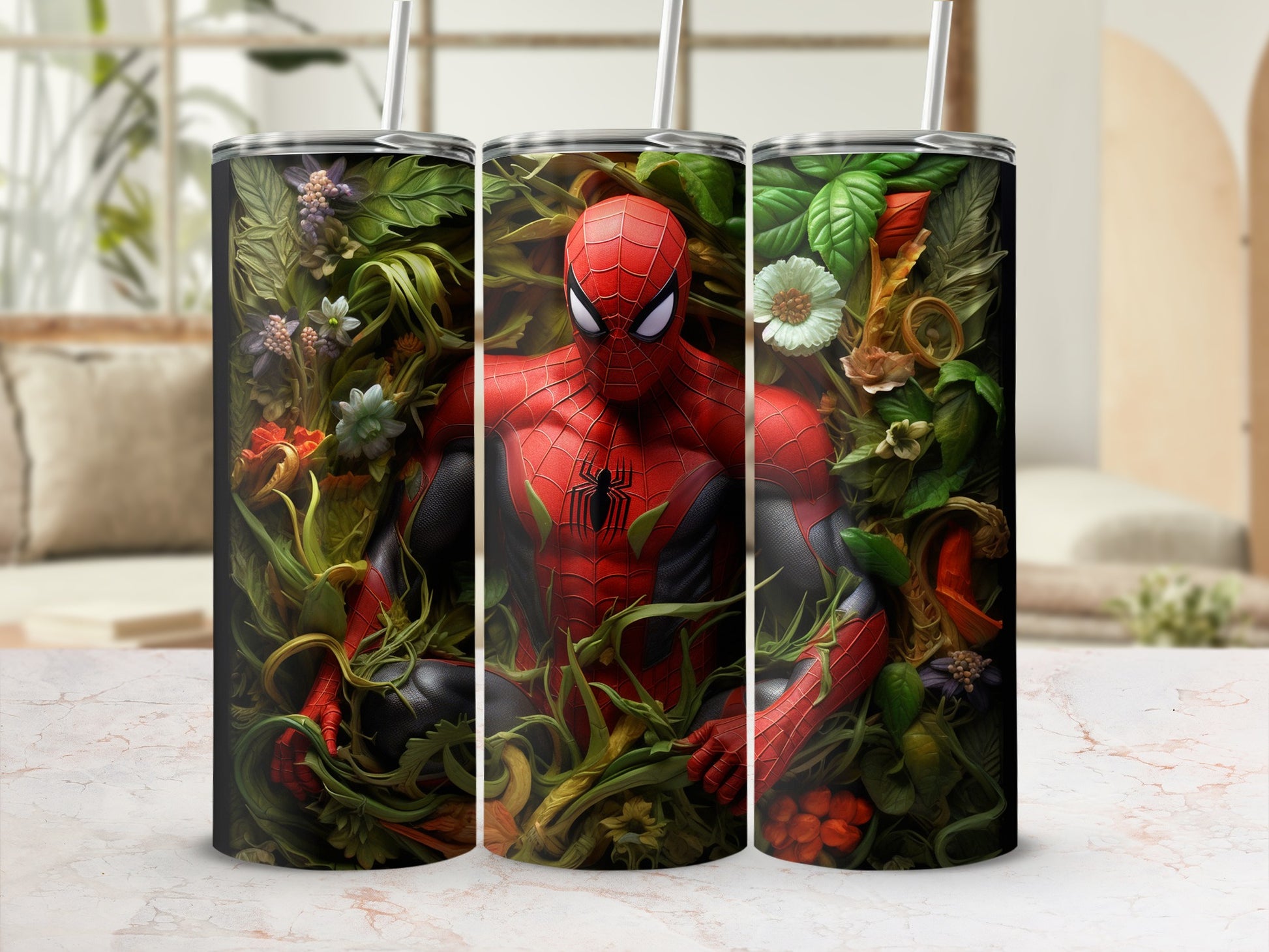 Spider-Themed Floral Tumbler Spiderman Art on Drinkware