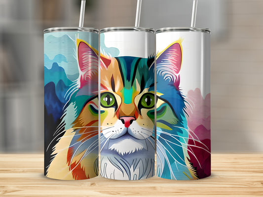 Three colorful cat face tumblers on a wooden surface.