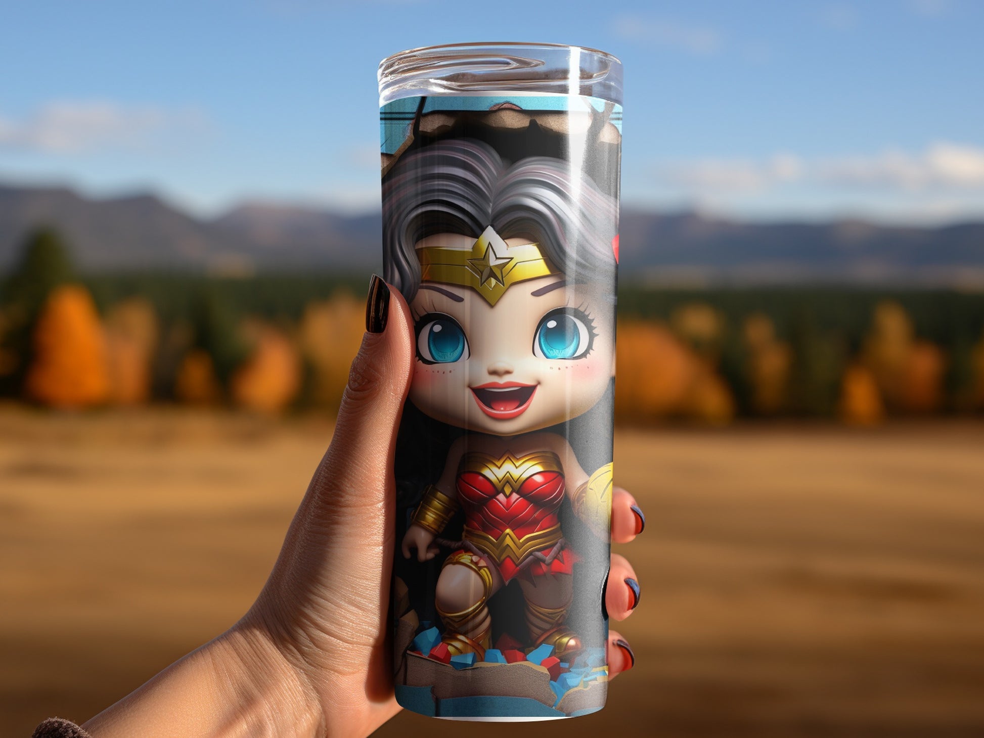 Cute Superhero Tumbler with Dolls and Landscape