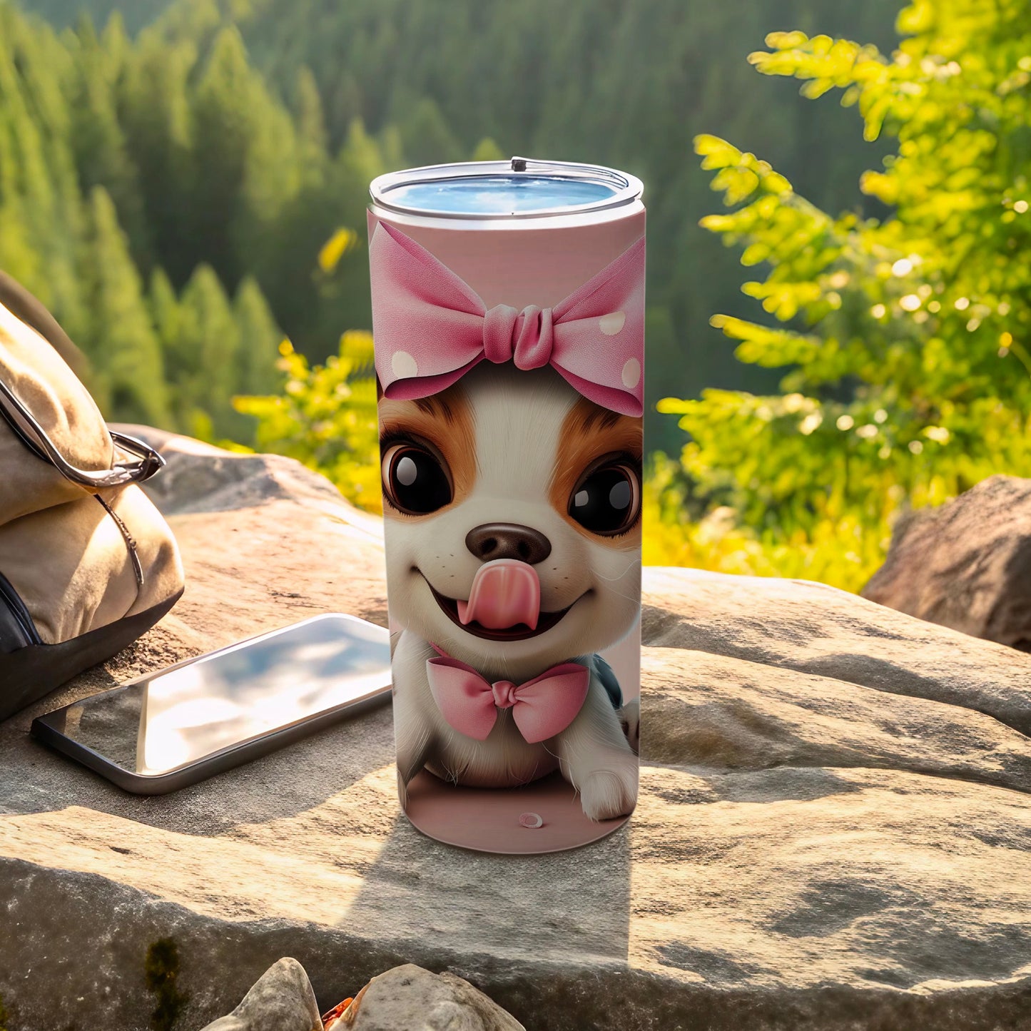 Adorable Cartoon Puppy Pink Bow Big Eyed Dog Tumbler product type
Puppy tumbler, Dog tumbler, Cartoon puppy, Pink bow dog, Cute puppy, Animal tumbler, Dog lover gift, Insulated tumbler, Beverage holder, Kawaii dog, Puppy face, Adorable pet, Tumbler cup, Outdoor tumbler, Nature theme, Forest backdrop, Rock scenery, Drinkware, Unique design, Happy puppy