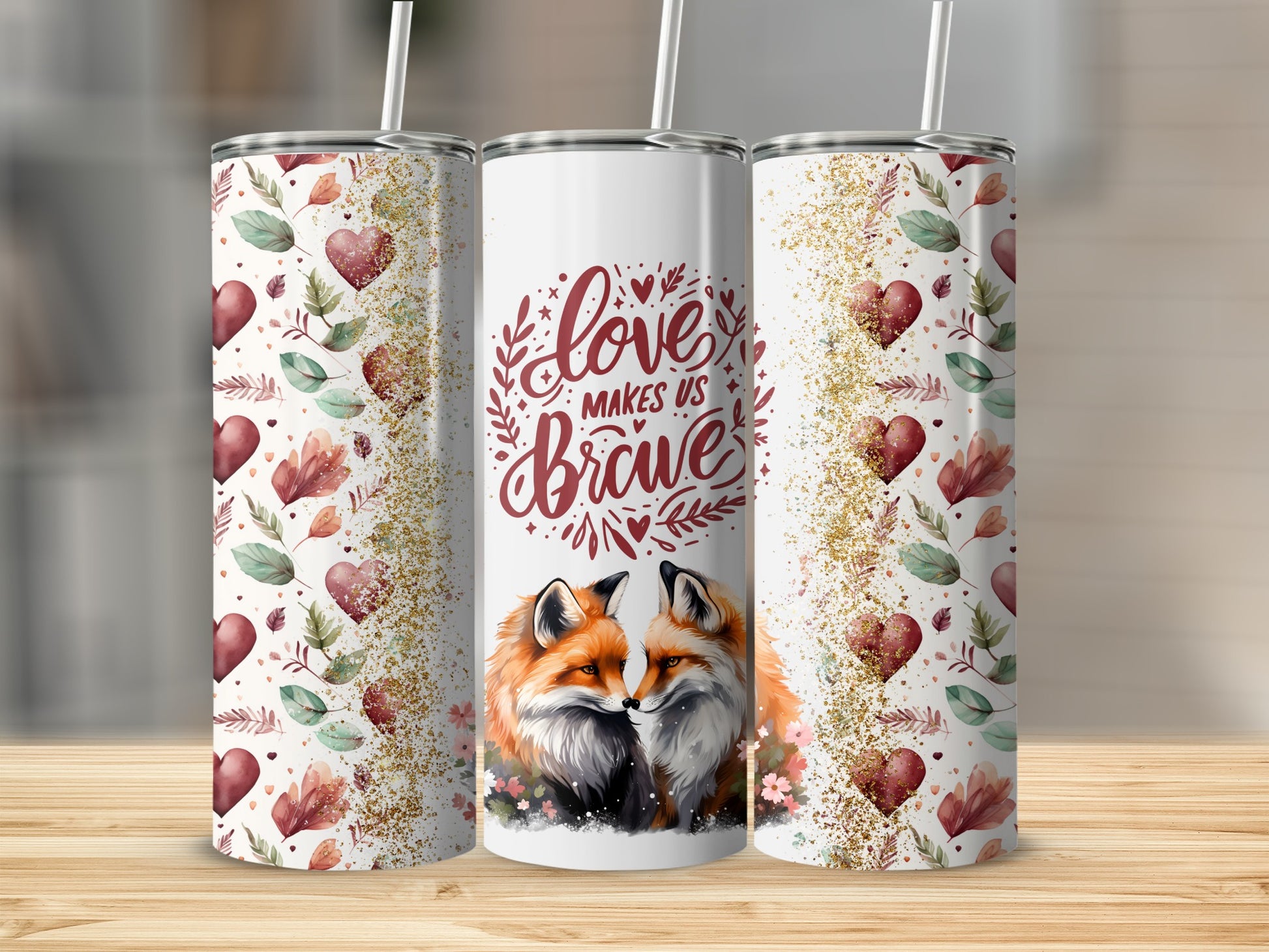 Love Makes Us Brave Fox and Hearts Design Tumbler