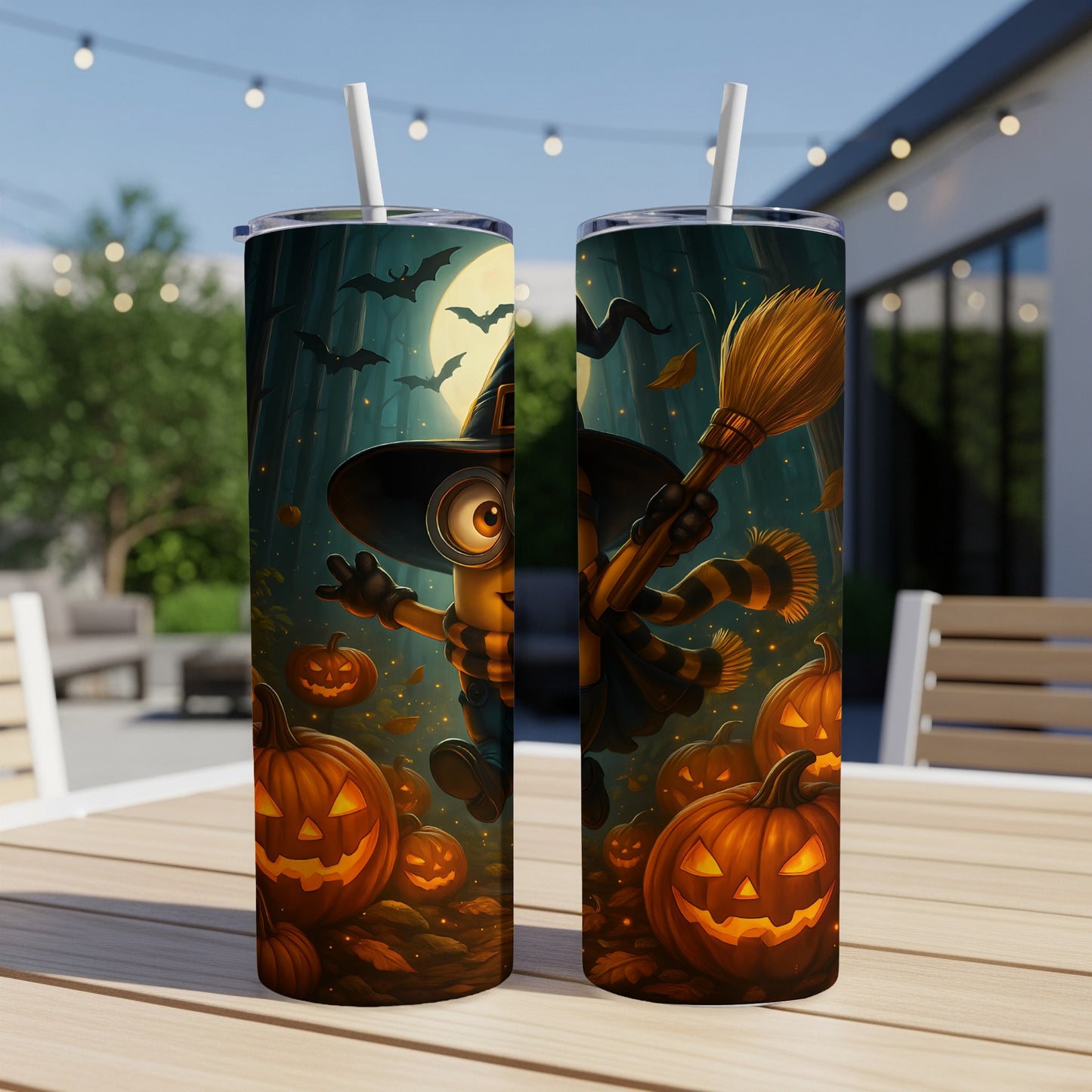 Two tumblers with Halloween Minion design featuring pumpkins and bats.