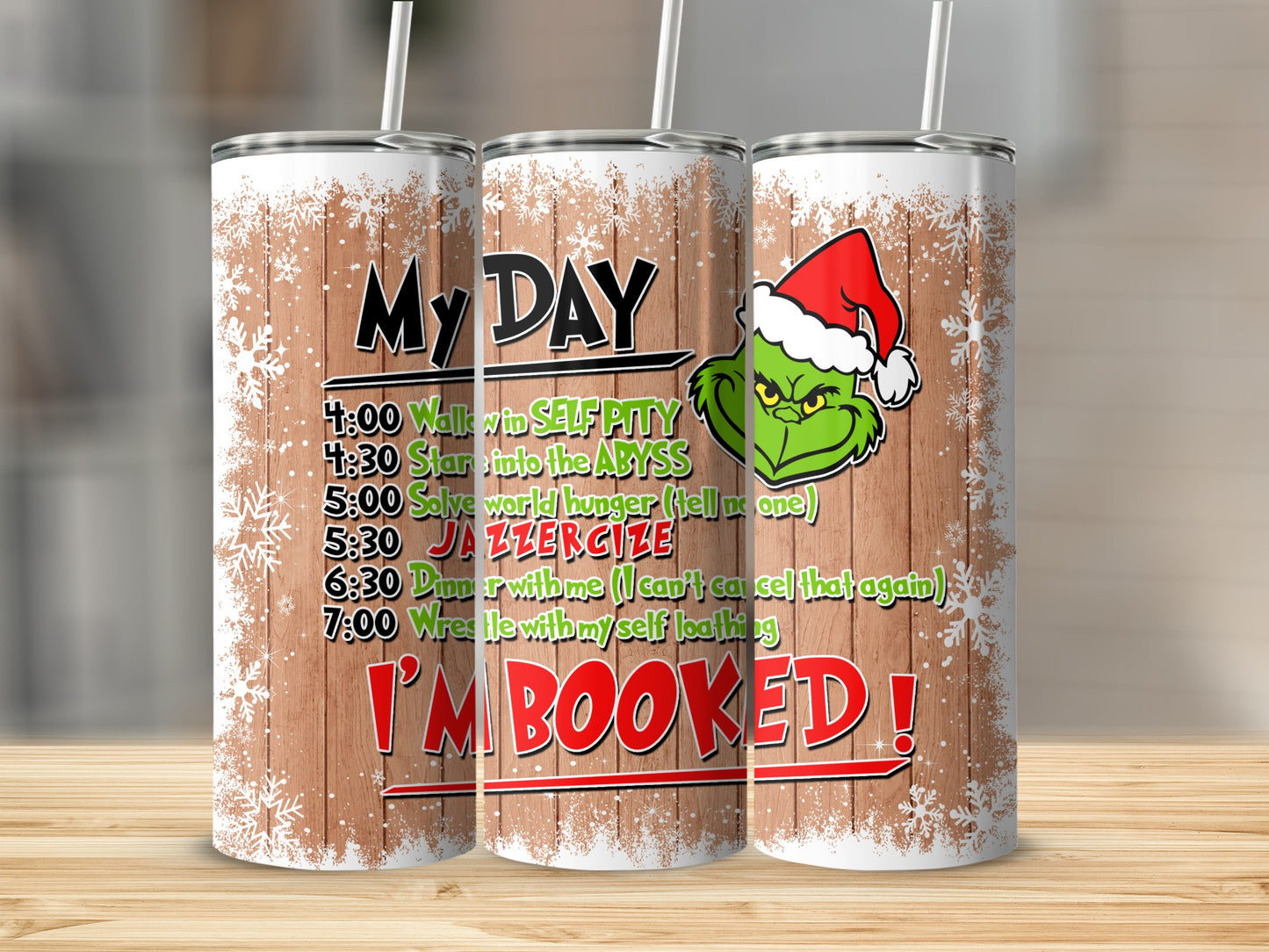 Grinch "My Day" tumbler with a booked schedule, including "JAZZERGIZE."