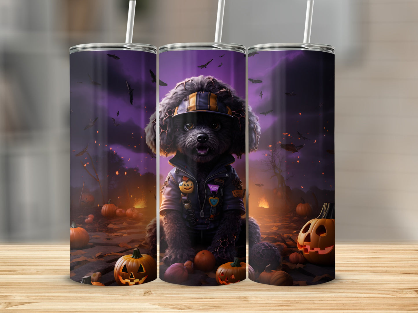 Black poodle in leather jacket with Halloween pumpkins and bats.