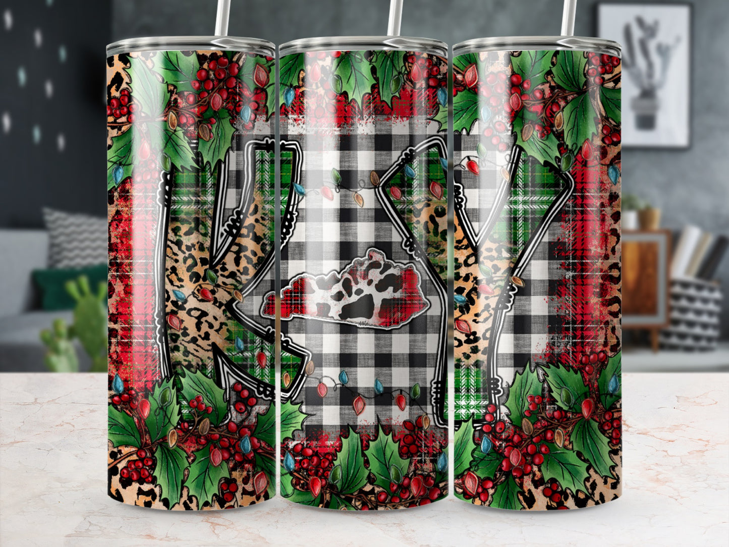 Three tumblers with buffalo plaid, leopard print, and Christmas lights.