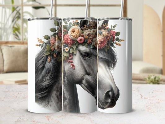 Horse with floral crown and crown on head, white background.