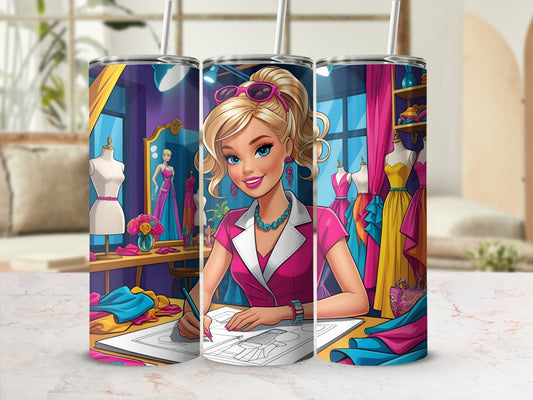Barbie at a desk sketching fashion designs in a bright, stylish studio.