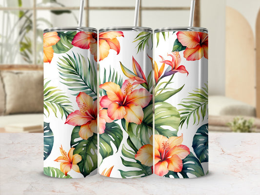 Three tumblers with tropical hibiscus flowers and palm leaves.