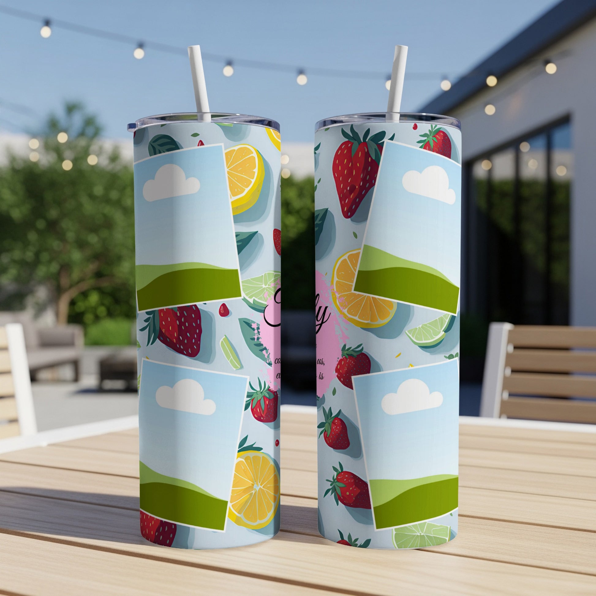 Two tumblers with a strawberry, lemon, and lime design.