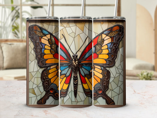 Three tumblers featuring a colorful mosaic butterfly design.