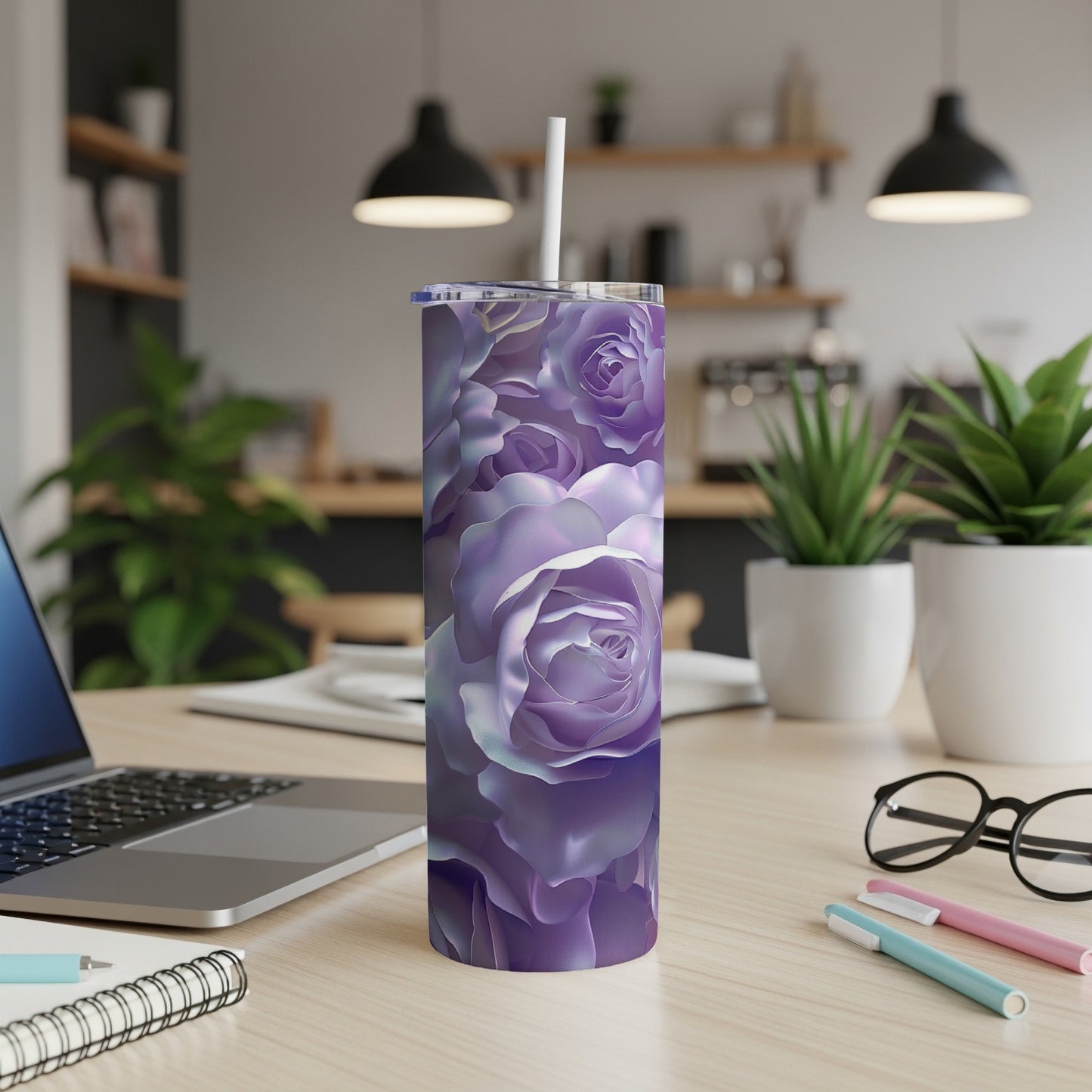 Purple rose pattern on a stainless steel tumbler with a straw.