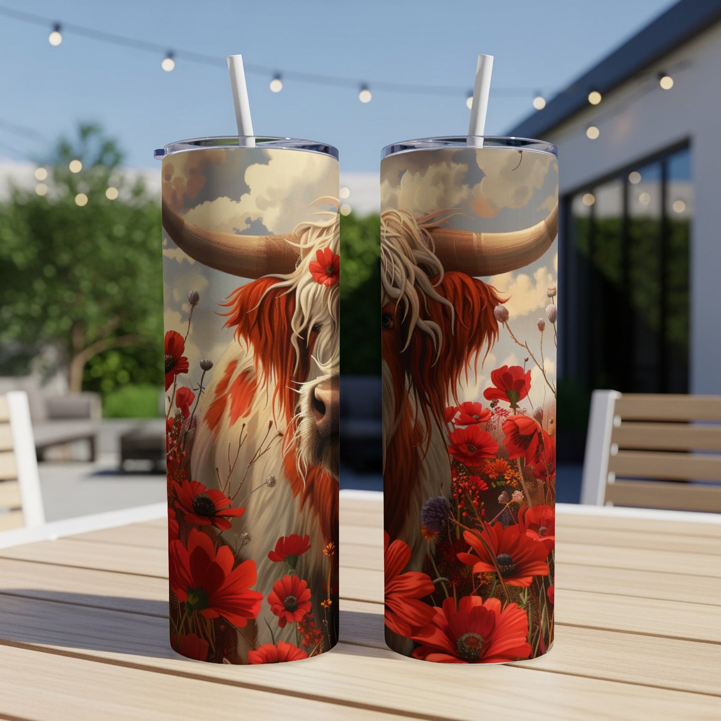 Highland cow illustration with red poppies on a double-walled tumbler.