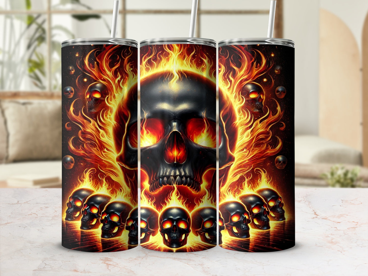 Flaming Skull Design on Fiery Background Tumbler