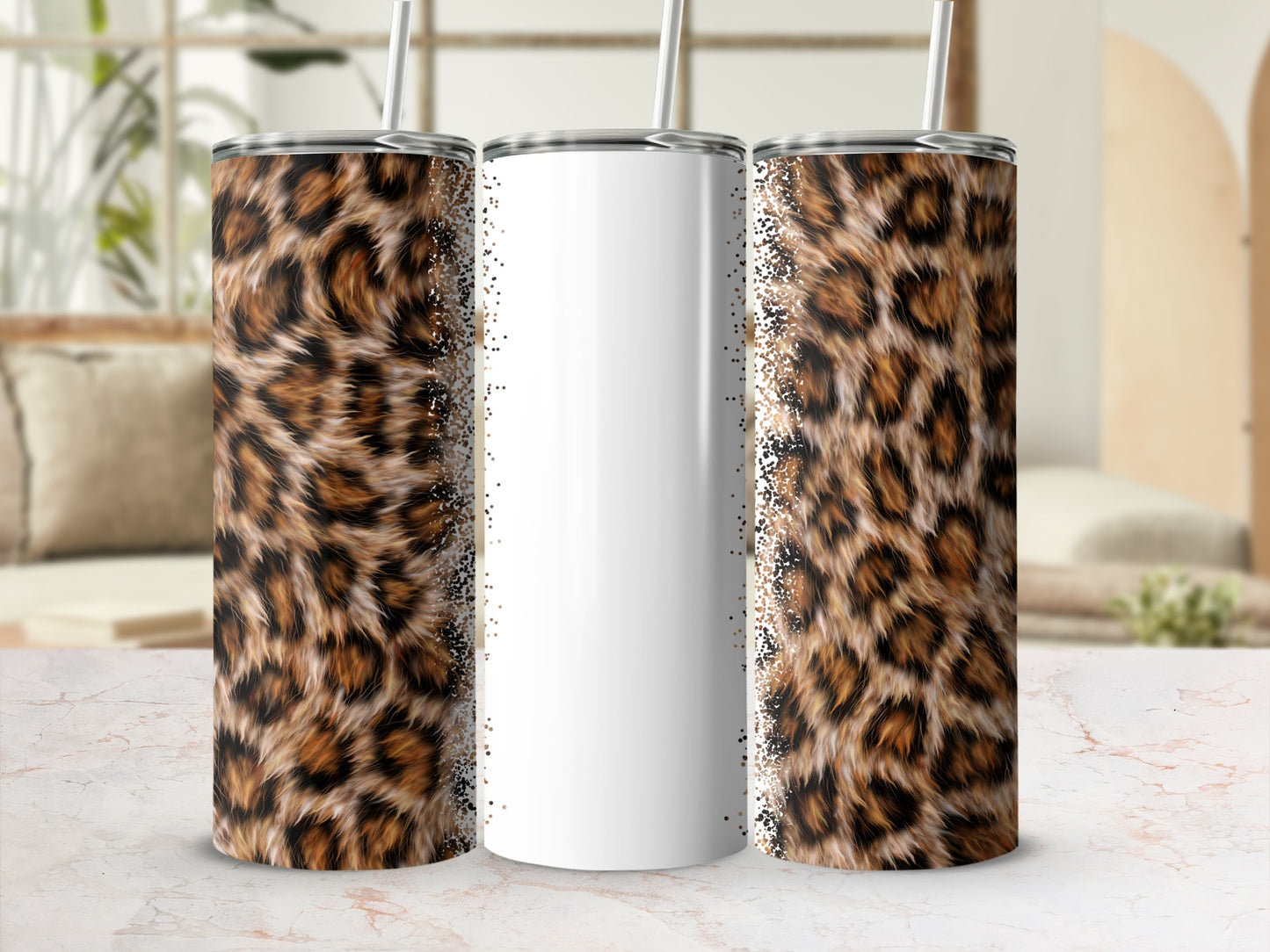 Two tall tumblers with leopard print and a blank white section.