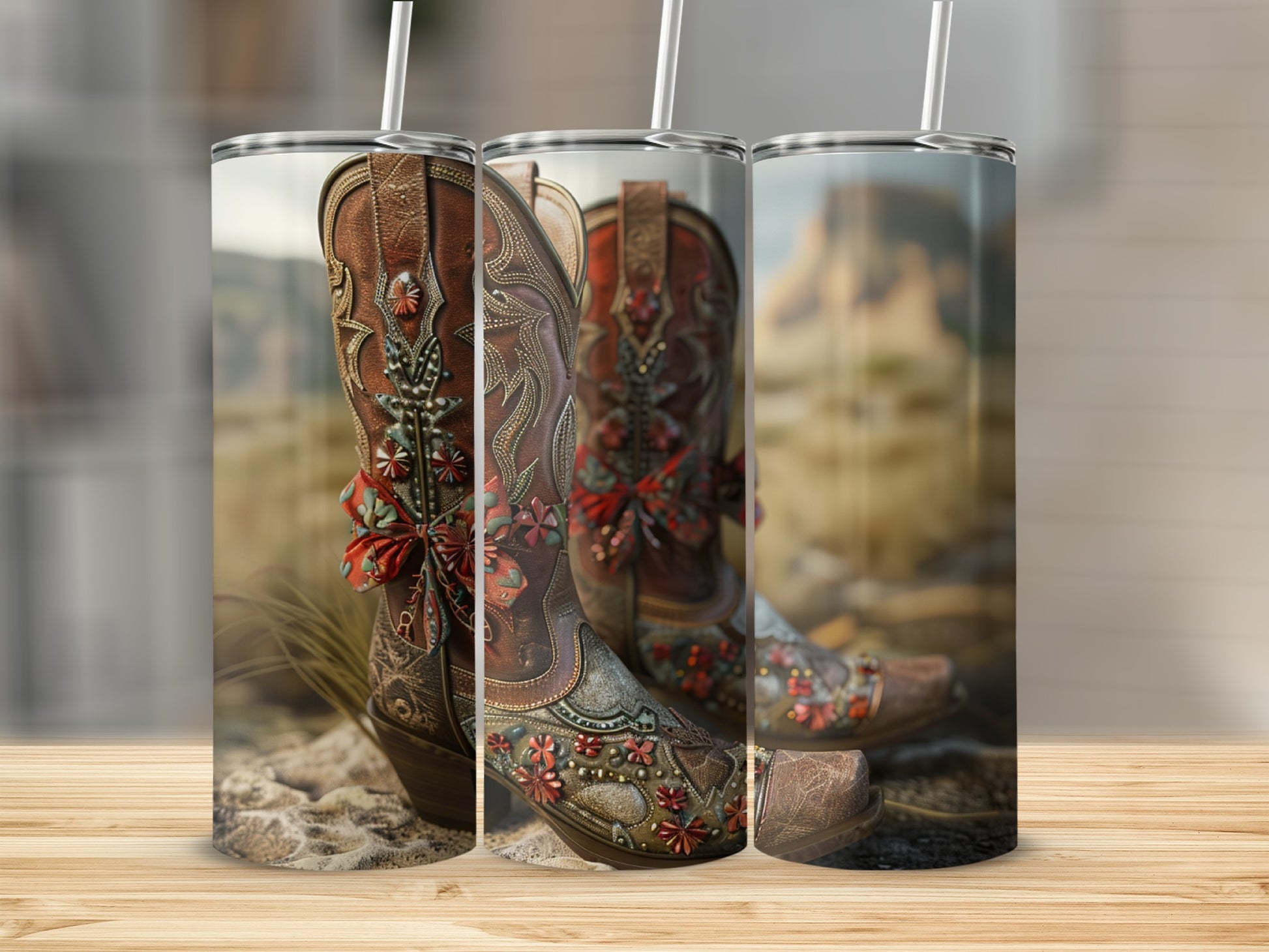 Three decorative cowboy boots with floral embellishments on a wood surface.