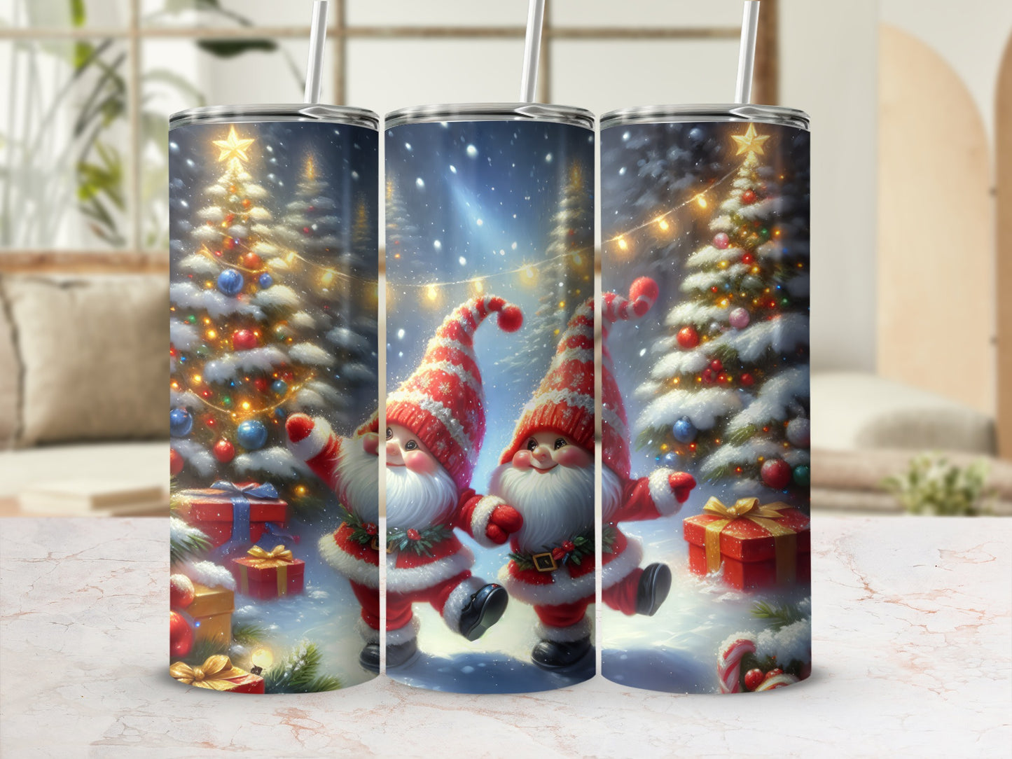 Christmas gnomes and decorated trees with gifts and snow.