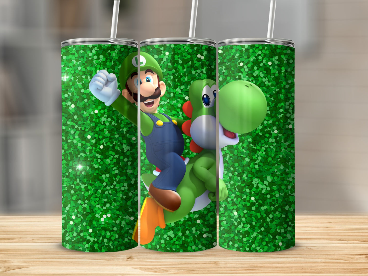 Luigi Riding Yoshi Green Glitter Skinny Tumbler Cup