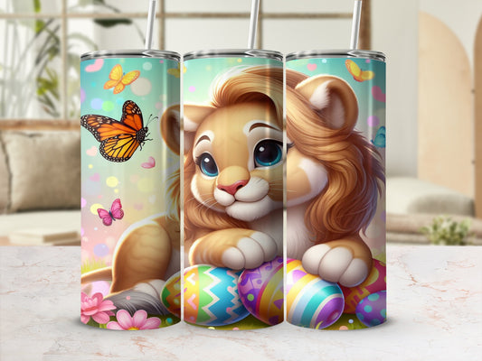 Cute lion cub with colorful Easter eggs and butterflies.