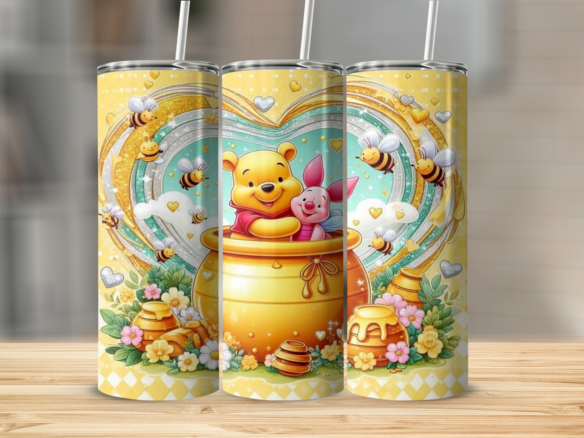 Adorable Winnie the Pooh and Piglet Beehive Tumbler Design