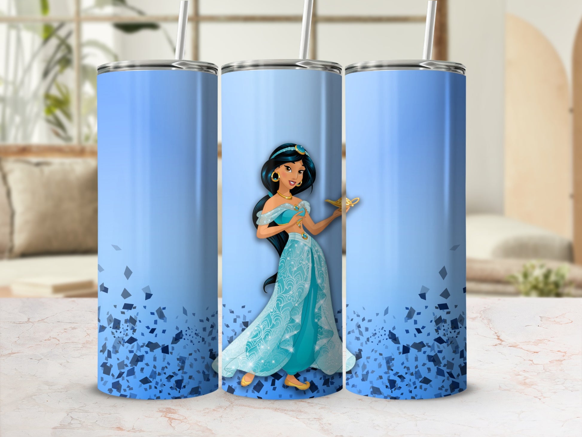 Blue tumbler with Disney's Jasmine holding a lamp against a gradient background.