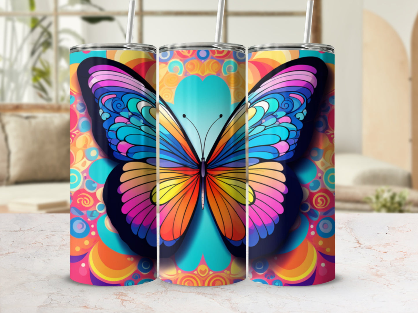 Colorful butterfly tumbler with psychedelic background.