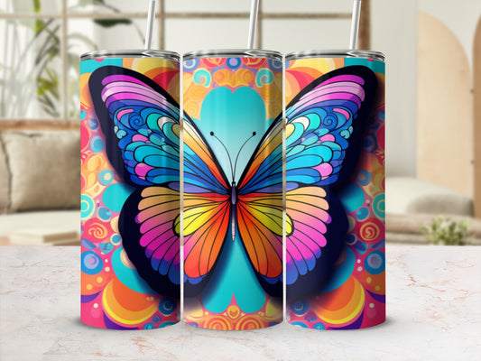 Colorful butterfly tumbler with psychedelic background.