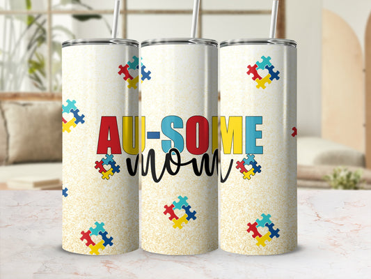 AU-SOME mom tumbler with colorful puzzle pieces