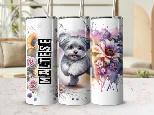 Maltese dog with floral designs on three tumblers.