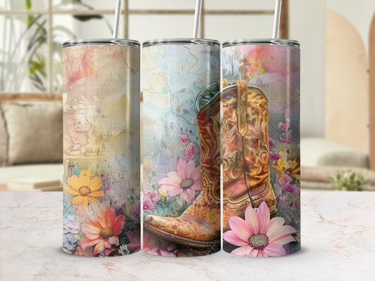 Cowboy boot surrounded by watercolor flowers and vintage map texture.